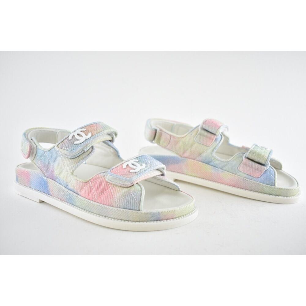 Chanel 22C Green Pink Blue White CC Logo Mule Slide Strap Flat Dad Sandal 35 - Picture 4 of 12